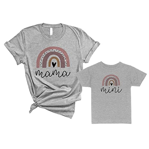 Rainbow Mama and Mini Duo Mommy and Me Matching Shirt Grey Pair Set of 2 (MamaTee-XS+MiniYouth-XS)