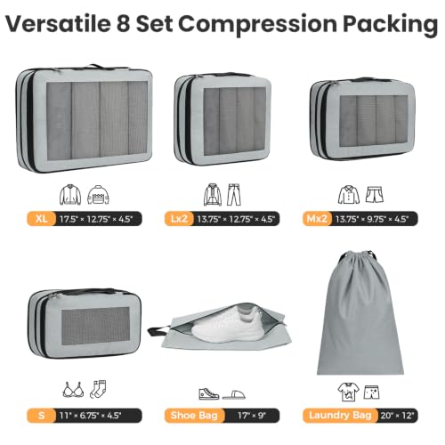 Image of BAGAIL Compression Packing Cubes for Travel Essentials, 8 Set-Gray | Tear‑Resistant Fabric, Space‑Saving, Visible Mesh Panel, Vibrant Color Choices, Travel, Camping & Cruise, Home Storage