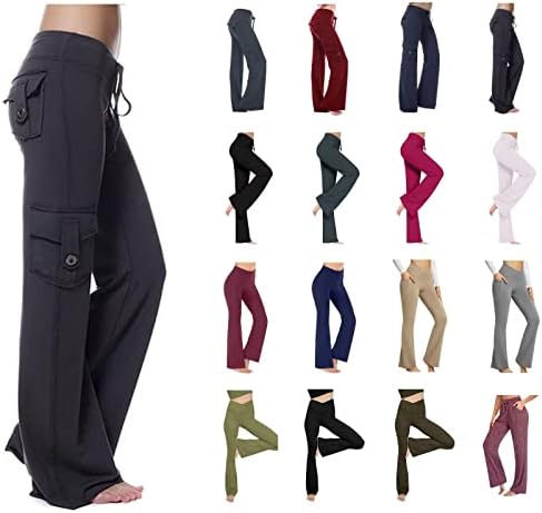 IEPOFG Womens Yoga Pants Workout Stretchy Bootcut Flare Cargo Pants with Pockets High-Waisted Wide Leg Pants Tummy Control Black