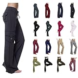 IEPOFG Womens Yoga Pants Workout Stretchy Bootcut Flare Cargo Pants with Pockets High-Waisted Wide Leg Pants Tummy Control Black