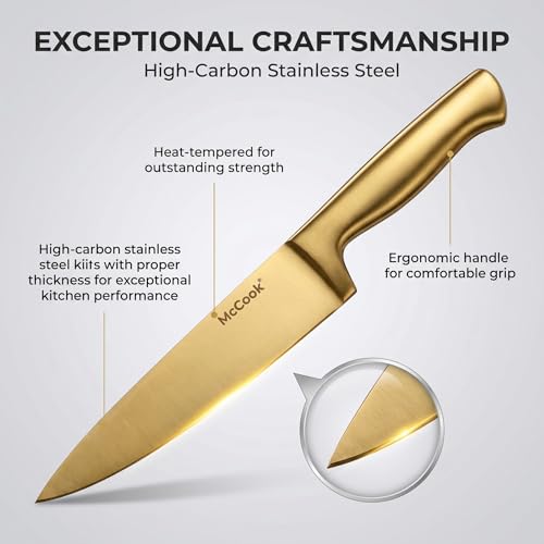 Image of McCook Kitchen Knife Sets, Golden Titanium Stainless Steel Knives Block Set with Built-in Sharpener, 20 Piece Knives, Restaurant Grade Sharp, Elegant Gold & Stylish Wooden Block for Modern Culinary