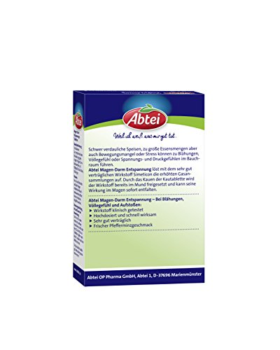 Abtei Magen Darm Entspannung - bei Blähungen, Völlegefühl und Aufstoßen - hochdosiert - mit Simeticon - Pfefferminzgeschmack - 1 x 20 Kautabletten