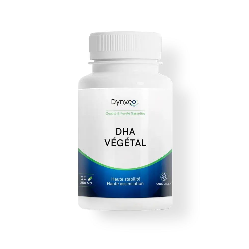 DHA Végétal - Cerveau & Vision - Issu microalgue Schizochytrium - Biodisponibilité x5-250 mg/gélule - TOTOX <2 - Stabilisé avec de la Lysine - 100% Vegan - 60 gélules (2 Mois) - Dynveo