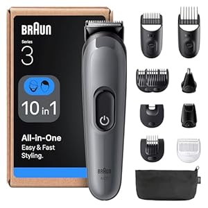 Braun 11-in-1 All-in-One Trimmer for Men, Series 3 Grooming Kit for Beard, Face, Hair, Body&Nose, Ultra Sharp Blade, 14 Length Settings, Washable Heads, 50-Min Cordless Use –AIO3565, Grey
