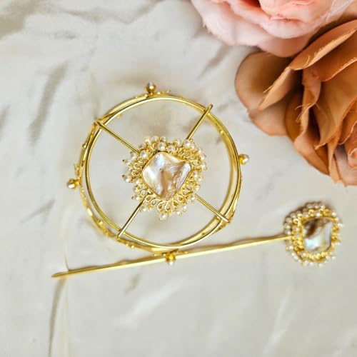 Image of Hair Bun Cage Accessory for Women | Handcrafted Brass Juda Cover with Stick | Anti-Tarnish Traditional Hair Accessory for Wedding & Festive (Baroque Pearl Hair Bun (Golden))