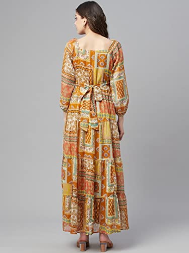 Image of Cottinfab Women Mustard Yellow Ethnic Printed A-Line Maxi Dress