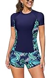 SHEKINI Zweiteiliger Rashguard für Damen Kurzarm Integrierter BH Badeanzug mit Boyshorts Schnell Trocknend UV Schutz Schwimmshirt