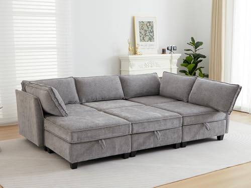 Image of ORRD Sleeper Modular Sectional Sofa Set, Convertible Couch Bed with Storage, 6 Seater and 3 Armrestes Sofa Modular for Living Room, Office (Grey)