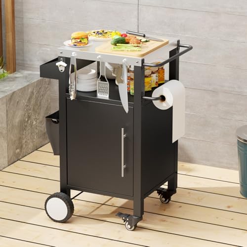 EURHCIO Desserte à roulettes de Jardin 46x46.2x87.9cm,Chariot à Barbecue,Desserte Cuisine Exterieur avec Crochets,Étagères à Épices,Étagère...