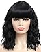 JOLNVCA Black Short Bob Curly Wigs with Hair Bangs Wavy Wigs for Women Girls Shoulder Length Heat Resistant Synthetic Wig Daily Party Halloween Cosplay Costume Wig 14 Inch