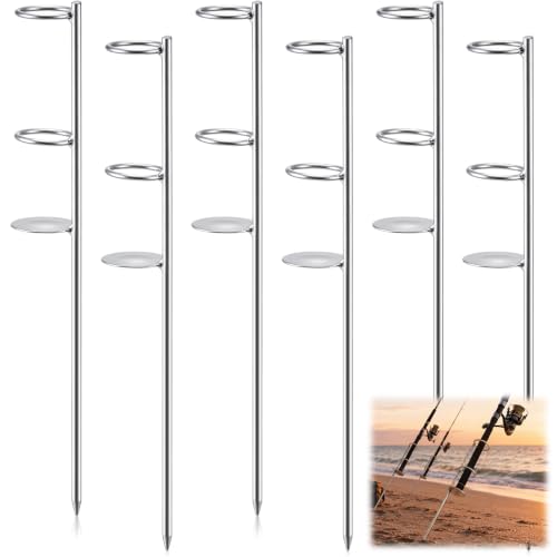ElaraBerry 6 Pack Sand Spikes for Surf Fishing 14.6 Inch Stainless Steel Fishing Rod Holder for Ground Double-Ring Fixed Portable Stand Pole Holders for Beach Bank Shore