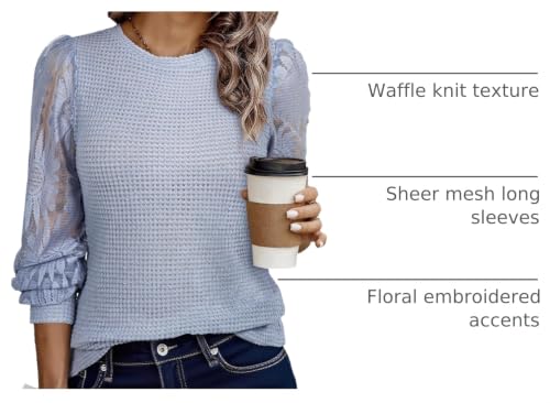 Image of BLENCOT Womens Casual Crochet Top Mesh Lace Long Sleeve Shirts Waffle Knit Blouse Crewneck Shirt Fall Womens Tops Pullover