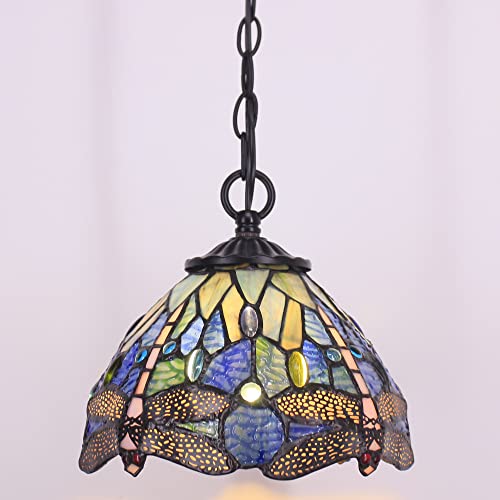 Rhlamps Tiffany Pendant Lighting With W8H7 Inch Navy Blue Stained Glass Dragonfly Style Shade, Vintage Black Metal Hanging Lamp, Luxury Ceiling Fixture For Living Room Bedroom Kitchen Dining Room #TOP4