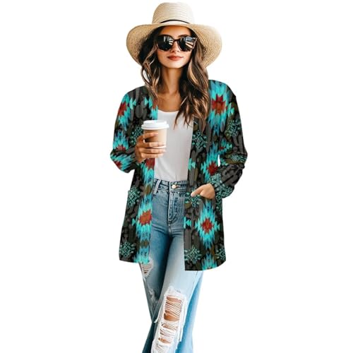 Women Open Front Ethnic Style Aztec Cardigan Tribal Aztec Printed Long Sleeve Casual Loose Coat