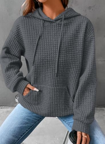 Image of SHEWIN Women Fall Waffle Hoodies Pullover Tops Hooded Sweatshirt