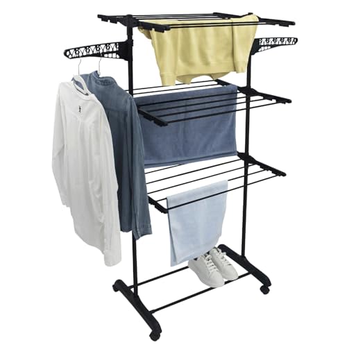 Varal De Chão 3 Andares Grande de Roupas Dobrável Regulável Retrátil com Rodinhas e Ganchos Compacto