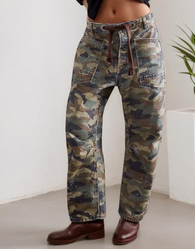 Kedera Barrel Jeans for Women Mid Rise Camo Pants Wide Leg Graphic Trousers Baggy Boyfriend Denim Pants with Pockets4