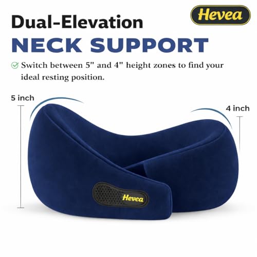 Image of HEVEA Travel Neck Pillow, 100% Memory Foam with 360 Degree Neck Support for Flight, Car, Bus, Office & Train Travel, Adjustable Velcro, Washable Velvet Cover, Free Travel Pouch, Navy Blue