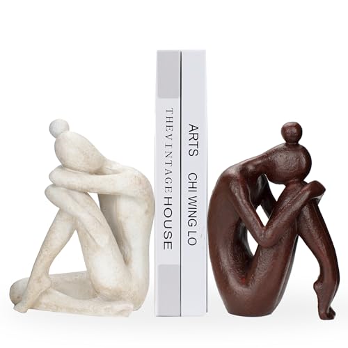 Decorative Bookends for Shelves, Unique Book Ends for Home Office Decor, Meditation Girl Statue Book Stopper for Bookshelf Decor, Modern Abstract Aesthetic Decoration White & Brown
