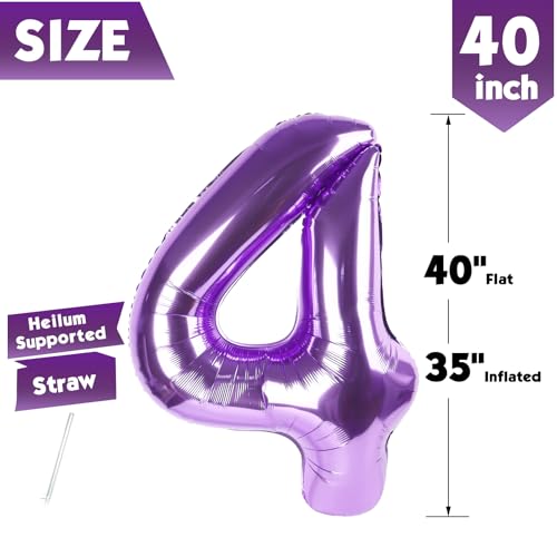 Image of 40 Inch Purple Number 4 Balloon Birthday Party Decorations for Men & Women | 40 Inch Purple inflatable foil number balloons, large birthday decorations for 4th birthday