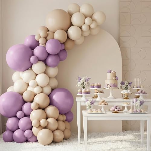 Image of RUBFAC Dusty Purple Balloons 129pcs Different Sizes Pack of 18 12 10 5 Inch, Latex Light Lavender Lilac Balloon Garland Arch Kit for Wedding Baby Shower Gender Reveal Birthday Party Decorations