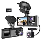 PTHTECHUS®DashCam para Auto, HD 1080P Cámara triples Delanteras y traseras integradas con Tarjeta SD 32GB, Camara...