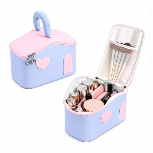 Image of House of Quirk Large Capacity Makeup Bag for Women, Portable Cosmetic Organizer, Water-Resistant Travel Toiletry Bag with Handle, Cute Heart Design, Zipper Vanity Storage Case (Blue /Pink)