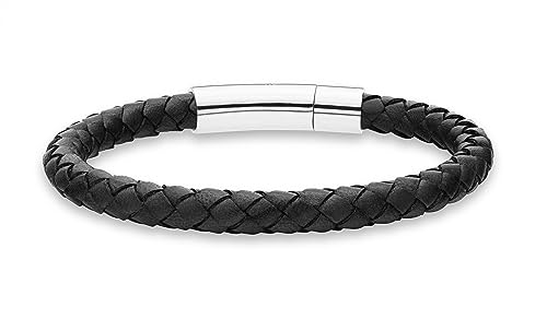Miabella Genuine Italian Braided Leather Bracelet for Men, Stainless Steel Clasp, Made in Italy