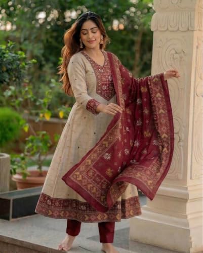 Image of ANNI Designer Kurta Sets for Women Viscose Printed | Kurta Pant Dupatta Set | A-Line Kurti Set for Women | Round Neck 3 /4 Sleeve Ethnic Suit | Designer Indian Kurti Outfit with Pants