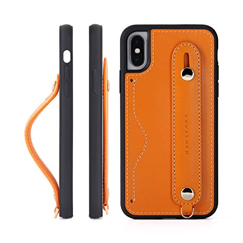 iPhone Xs/X グリップケース レザー 本革 ストラップ付属 イタリア製牛革 ヌメ革 片手操作 カード収納 スタンド機能 メンズ レディース オレンジ