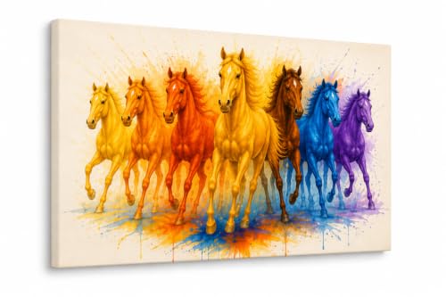 Image of 7 Horse Vastu Sunrise Canvas Painting | Positive Energy Wall Decor | Big Size Premium Running Horses Artwork for Home, Office & Hall Decoration (Modern, Yellow Horse, 26x18 Inch)