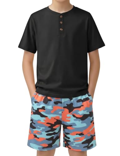 Image of Arshiner Boy's Textured Button Up Shirt and Shorts Set 2 Piece Summer Beach Outfit for 5~12 Years Kids
