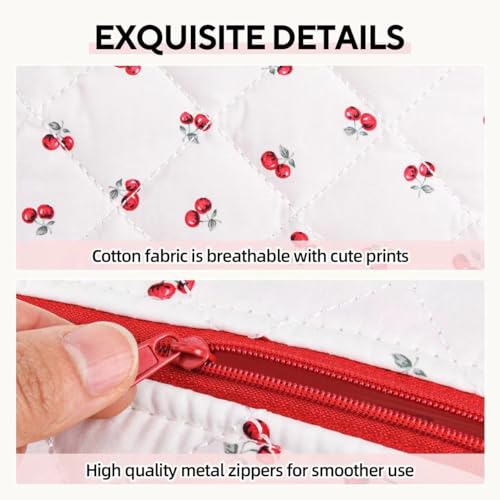 Image of Floral Quilted Makeup Bag - Cosmetic and Skincare Product Pouch, Fashionable Travel Puffy Coquette Makeup Bag, Small Cute Cherry Design
