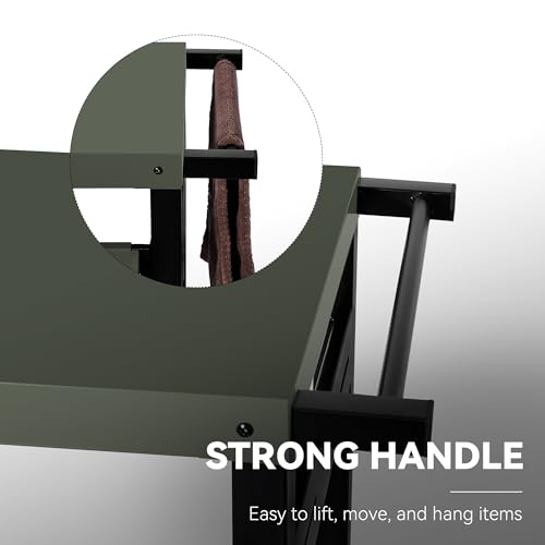 Image of PC3406G Indoor /Outdoor Double-Tier Dining Cart, Sturdy Structure and Open Storage Shelf, Front Basket, Easily Mobility with 2 Wheels and Multifunctional Side Handle, Olive-Green