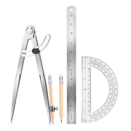 MVRPOWER Compass Geometry Tool, Drawing Compass, Professional 12 Inch Large Compass with Wing for Woodworking, 6 Inch Protractor, 12 Inch Ruler, 2 Pencil for Carpenter, Drafting