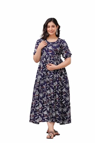 Image of Women's Rayon Anarkali Maternity Ankle Length Dress, Pregnancy Dress,Feeding Kurti,Easy Brest Feeding Dress, with Both Side 9 inch Zipper and Belt