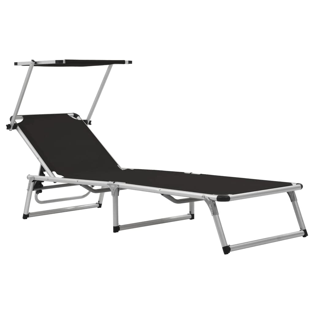 vidaXL 2X Sonnenliege Klappbar mit Dach Gartenliege Strandliege Gartenmöbel Liege Relaxliege Freizeitliege Campingliege Aluminium Textilene Schwarz
