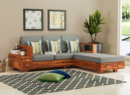 Image of Sheesham Wood 4 Seater L Shape Sofa Set with 2 Drawer Storage | 3+1 Wooden Sofa Set Furniture for Living Room Home Office (Honey Finish)