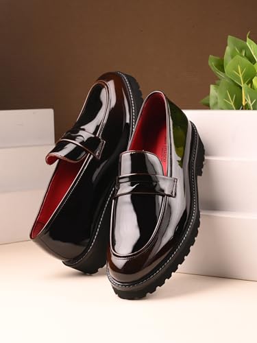 Image of San Frissco Men's Glossy Shine Loafers - Slip‑On Formal Shoes with Buckle, Anti‑Slippery Wrinkle‑Free Leatheratte Upper, Durable Lightweight Design, Comfortable Cushioned Footbed