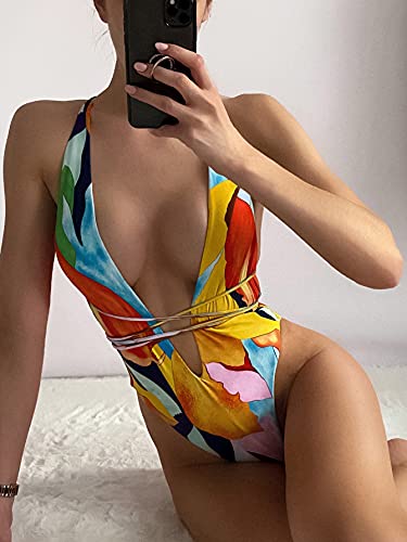 Wdirara Women's Graphic Criss Cross Straps V Neck One Piece Swimsuit Monokini Multicoloured M #TOP4