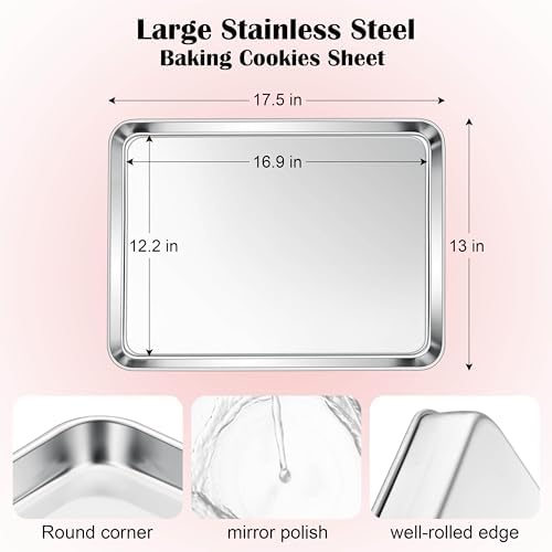 E-far Cookie Sheet for Baking, 18”x13” Stainless Steel Baking Sheet Pan for Oven, Large Non Toxic Metal Baking Tray for Cake Cookies, Healthy & Rust Free, Mirror Finish & Dishwasher Safe, 1 Pack - Thumbnail 4