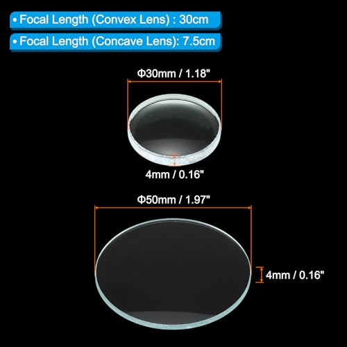 PATIKIL 30cm Schwerpunkt Länge 50mm Konvex Lens und 7.5cm Schwerpunkt Länge 30mm Konkavlinse 1 Set 2 Pack Glas Optisch Polierte Runde Kanten Linse für Physik Unterricht Klar