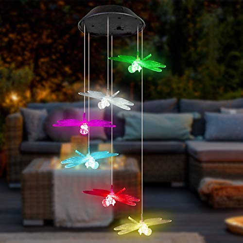 image for YHmall Dragonfly Wind Chimes for Outside, LED Lights Solar Wind Chimes