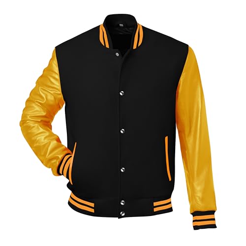Image of Red And Black Letterman Jacket Men - Mens Black Varsity Letterman High School Baseball Bomber Jacket