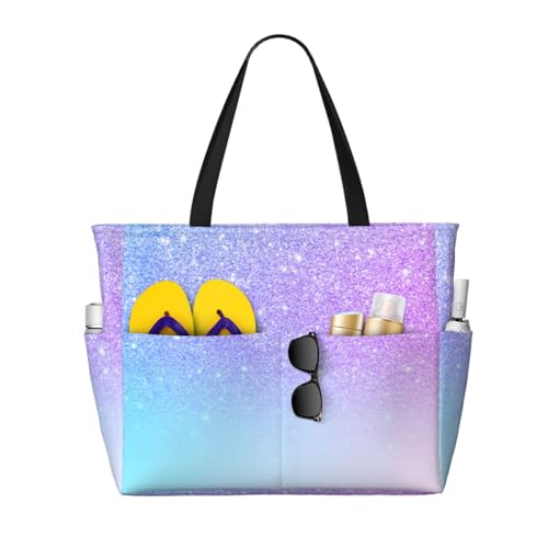 Grand sac de plage dégradé bleu et rose paillettes avec anses pour femme