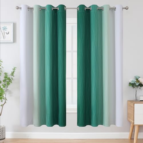 Estelar Textiler Green and Greyish White Blackout Curtains for Living Room, Full Room Darkening Grommet Ombre Curtains for Bedroom, Thermal Insulated Light Blocking Gradient Drapes, 52Wx72L, 2 Panels