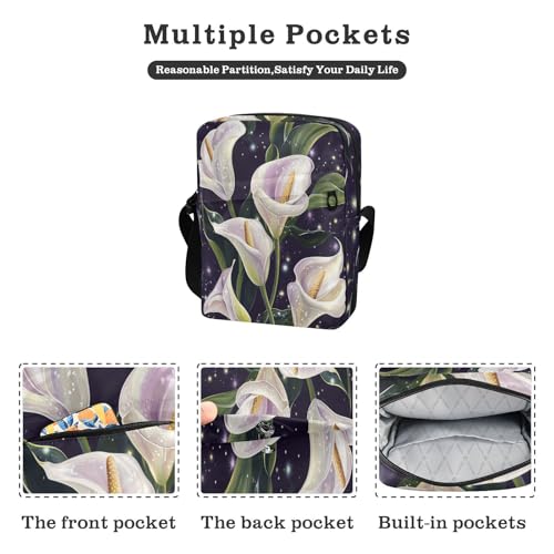 messenger bag crossbody mens crossbody bag Cross Body Purse Adjustable Strap for School School- Glitter Calla Lily2