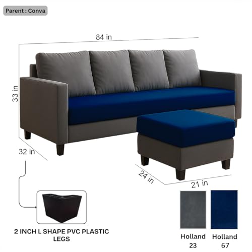 Image of FURNY Arnold 5 Seater L Shape Sofa Set with Movable Ottoman | Flexible Left or Right Layout | Plush Velvet Fabric (Dark Grey-Dark Blue) | Perfect for Living Room, Guest Room & Office