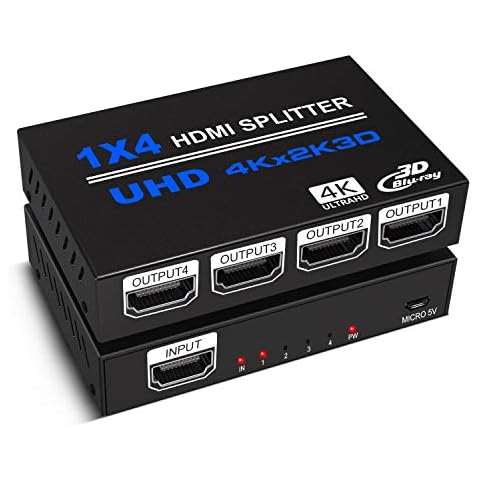 HDMI Splitter 1 in 4 Out, 4K HDMI Splitter V1.4b Powered Audio Video Distributor Duplicate/Mirror Screen, 1x4 HDMI Splitter for TV Support 4kx2k 30Hz 3D for Xbox, PS5, Roku Blu-Ray Player, HDTV Cover
