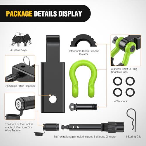 Image of Nilight Anti-Theft Shackle Hitch Receiver 2Inch 45000 LBs Breaking Strength 3 /4 inch Anti-Theft D Ring Shackle 5 /8 inch Trailer Hitch Lock Pin Heavy Duty Solid Towing Kit for Trucks Off Road(Green&Black)